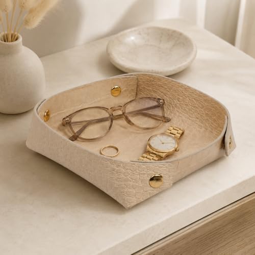 Large Faux Leather Catchall Valet Tray, Beige Croc - Image 2
