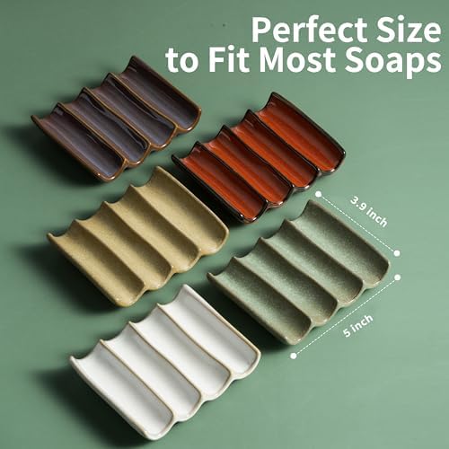 Draining Ceramic Soap Dish - Fluted Design, Bar Soap Holder for Shower & Bathroom, Soap Saver Sponge Lift, Green - Image 5