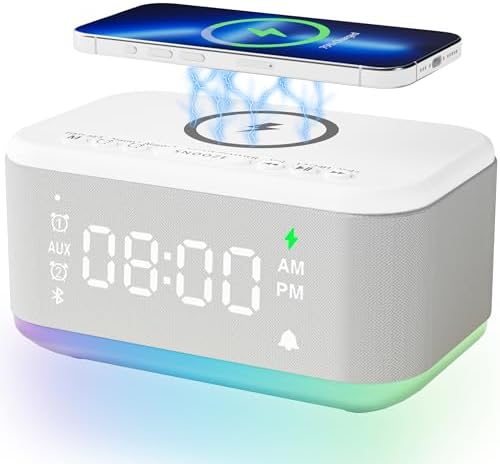 Alarm Clock Speaker Wireless Charger, Digital Alarm Clocks Bedrooms Bluetooth, Alarm Clock Dimmable Light Bedrooms Dual Alarm Snooze Dimmer 12 24H RGB Night Light Bluetooth USB AUX, White by BroserengyTech