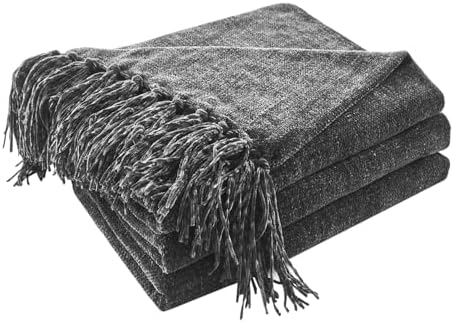 CozeCube Chenille Throw Blanket, Charcoal Grey Fringe Blanket, 60"X80" by CozeCube