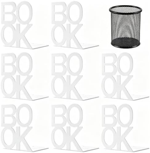 Book Ends - Decorative Metal Book Ends Supports for Bookrack Desk,Books, Unique Appearance Design,Heavy Duty (White, 4 Pair) by shikaman