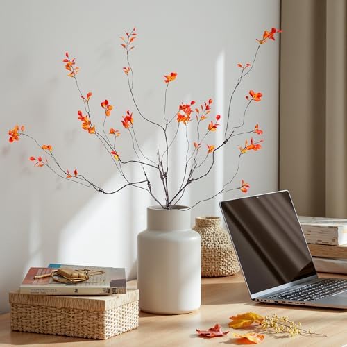 4PCS Artificial Orange Branches 35.4", Faux Fall Stems for Vase, Long Decorative Branches with Autumn Leaves, Bendable Orange Stems for Tall Vase Fall Decorations Home Decor - Image 3