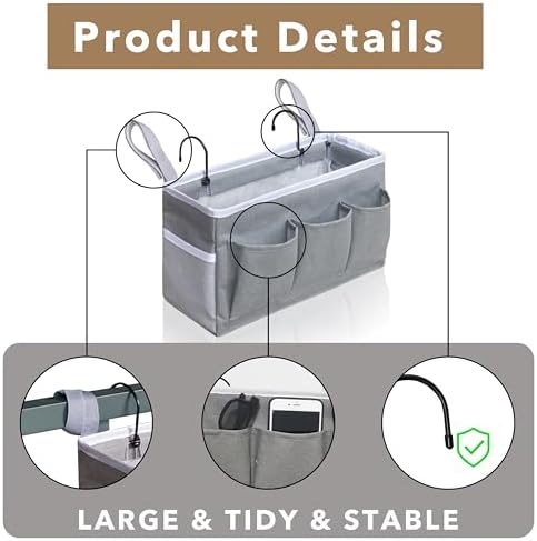 Kanrichu Bedside Caddy Hanging Storage Bag, Organizer Baskets with Pockets for Bunk Bed Accessories, Loft & Dorm Rooms Chair Bed Rails (Gray-3pcs) - Image 5