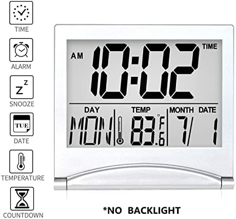 Betus Digital Travel Alarm Clock - Foldable Calendar Temperature Timer LCD Clock with Snooze Mode - Large Number Display, Battery Operated - Compact Desk Clock for All Ages (Silver Pack of 2) - Image 2