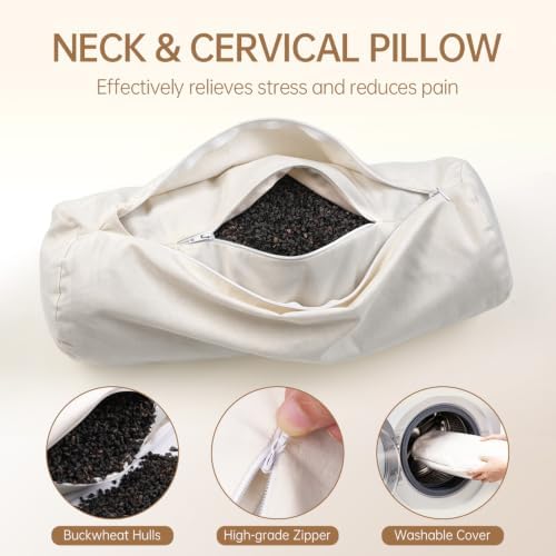 Small Neck Roll Buckwheat Pillow with Breathable Zipper Cotton Case - Image 5