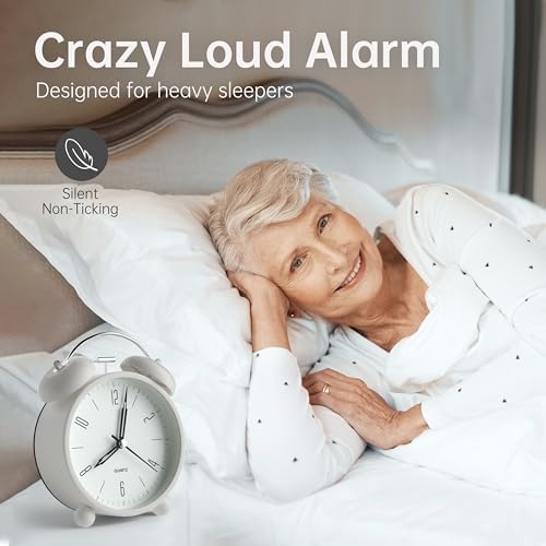 Twin Bell Loud Alarm Analog Alarm Clock, 4 inch Super Silent Non Ticking Small Clock with Night Light, Battery Operated, Simple Design, Old Fashioned, for Heavy Sleeper, Bedroom, Bedside, Desk, White - Image 2