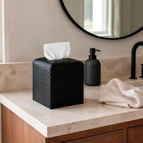 Tissue Box Cover PU Leather Tissue Holder Square Facial Tissue Case Facial Paper Organizer Dispenser for Bathroom, Vanity Countertop, Tabletop, Car, Black - Image 2