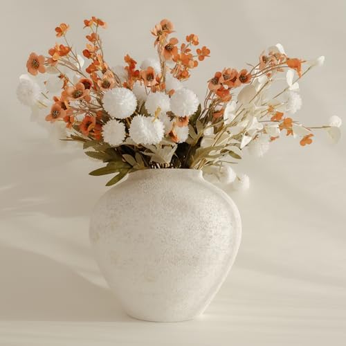 SilkSerenade White Silk Kiku Flower Arrangements with Eucalyptus & Umber Wild Flowers for Home Decor, Fake Flores Long Orange Tall Mums Earthy Rust Stems Artificial Floral Kitchen Dining Centerpieces by SilkSerenade