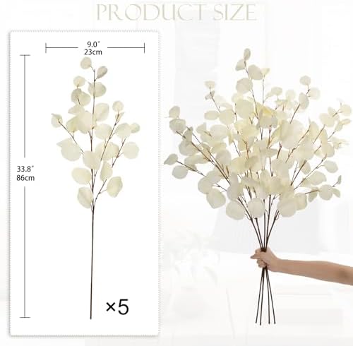 Cream White Eucalyptus Stems Fake Eucalyptu Leaves 34” Long Silver Dollar Leaves 5 Pcs Silk Eucalyptu Stems for DIY Bouquet Arrangements Centerpieces Shower Decorations-Artificial Eucalyptus Spray - Image 3