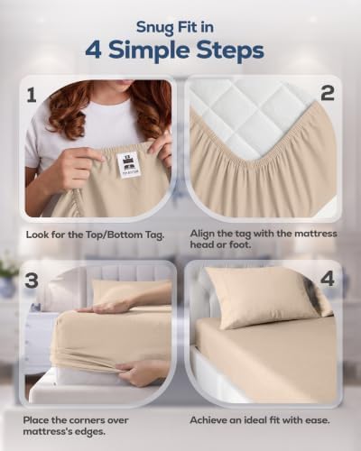 Pack of 2 Twin XL Fitted Sheet, Fits Up to 15 Inch Deep Pocket, Beige - Image 4