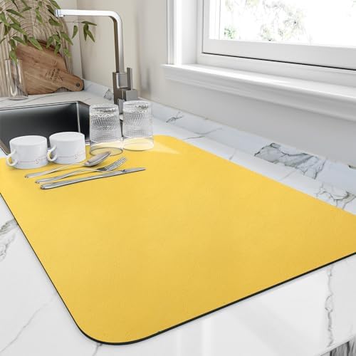 HotLive Dish Drying Mat for Kitchen Counter, Heat Resistant Drainer Mats with Non-slip Rubber Backed, Hide Stain Kitchen Super Absorbent Draining Mat, Easy to Clean Dish Rack Pad, Yellow 16"x20" by HotLive