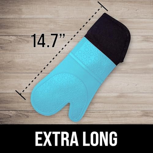 BPA-Free Soft Silicone Oven Mitts - Ultra Heat Resistant Oven Mitts with Thick Cotton Liner - Extra Long Slip Resistant Pot Holders, Flexible Oven Gloves - Aqua/Black 14.7" - Image 3