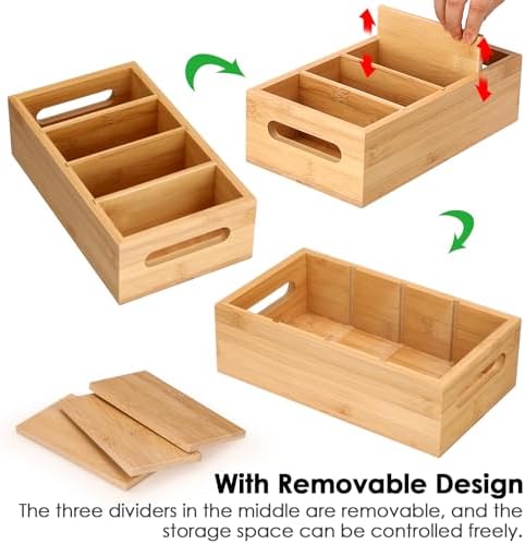 BSTKEY Seasoning Packet Organizer, Food Storage Organizer with 4 Removable Dividers, Bamboo Storage Caddy for Pantry Kitchen Cabinet, Kitchen Organization Bin with Handle for Snacks Spice Packets - Image 3