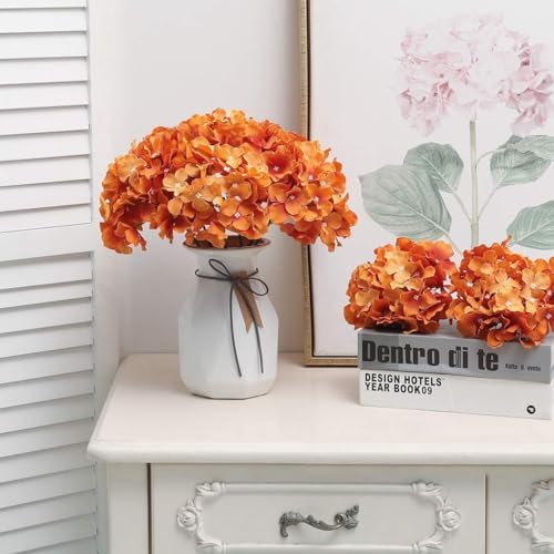 Fake Orange Hydrangea Artificial Flowers - Faux Silk Hydrangeas Flowers Heads with Stems Real Touch for Home Wedding Party Table Decor(Orange,Pack of 10) - Image 3