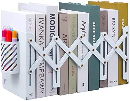 MSDADA Adjustable Bookends, Metal Book Ends for Heavy Books, Expandable Book Organizer with Pen Holder for Desk, Shelf, Office, The First Day of School Stationery Gift for Students,Teachers (White) by ColoryourlifewithMSDADA