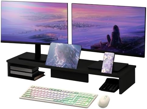 Dual Monitor Stand Riser with Phone Tablet Holder, 35.8in Large Monitor Stand for Desk, Computer Monitor Stand for 2 Monitors, Desk Shelf for Top of Desk, Desktop Organizer for Laptop, Printer, TV by Qupui
