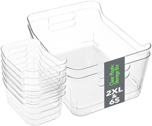 Tiawudi Set of 8 Clear Plastic Storage Bins, 2 Extra Large and 6 Small Storage Containers for Pantry Organization, Multi-Use Organizer Bins for Home, Kitchen, Cabinet, Bathroom, Fridge & Freezer by Tiawudi