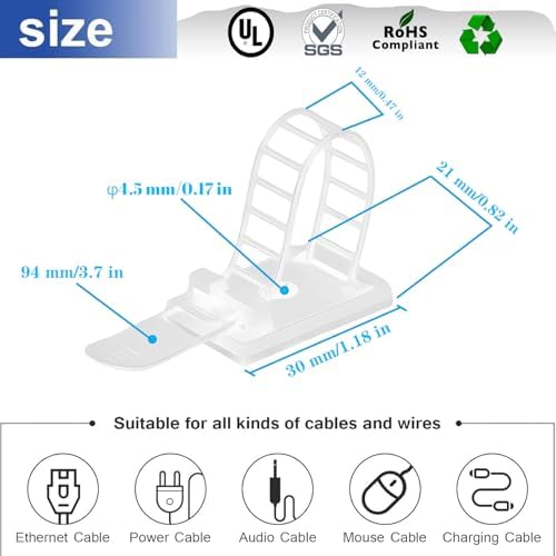 Cable Ties Cable Clips Wire Management Cord Clips Under,Desk Cable Management Reusable Zip Ties Wire Organizer Under Desk 100 packs (White) - Image 2