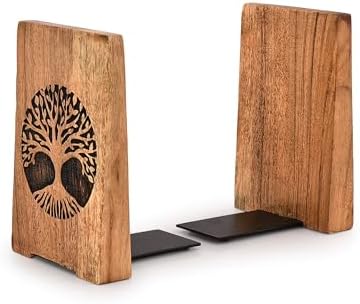 NIRMAN Office Bookends Iron & Acacia Wood Tree of Life Office Bookends for Shelves or Bookcase Heavy Bookends, Home Décor Gift (4"" X 4"" X 6""), (Set of 2), Brown by NIRMAN