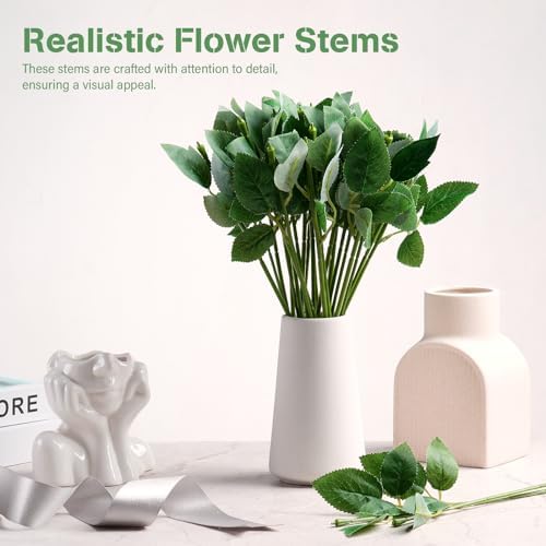 50 Pcs 13'' Rose Stems with Leaves, Fake Flower Stems, Faux Green Leaves Stems, Floral Arrangement Supplies, DIY Artificial Flowers Tools for Bouquet Wedding Party - Image 3