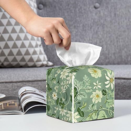 Green Floral Tissue Box Cover Square Leather Tissue Case Holder Facial Paper Organizer Dispenser Decorative for Tabletop Night Stands Desk Bathroom Kitchen Car Office Home Decor - Image 6