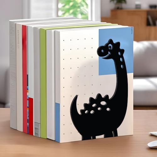 WADORN Cartoon Dinosaur Metal Bookends for Shelves Decorative 1 Pair, Heavy Duty Books End Support Non-Skid Book Holder Black L-Shaped Book Stopper for Home Office Desk Book Divider, 4.7x3.5x7 Inch - Image 5