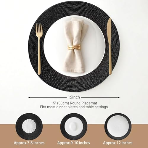 FunWheat Round Braided Placemats Set of 8 Place Mats for Dining Table Woven Washable Non-Slip Table Mats 15 Inch(Black,8pcs) - Image 2