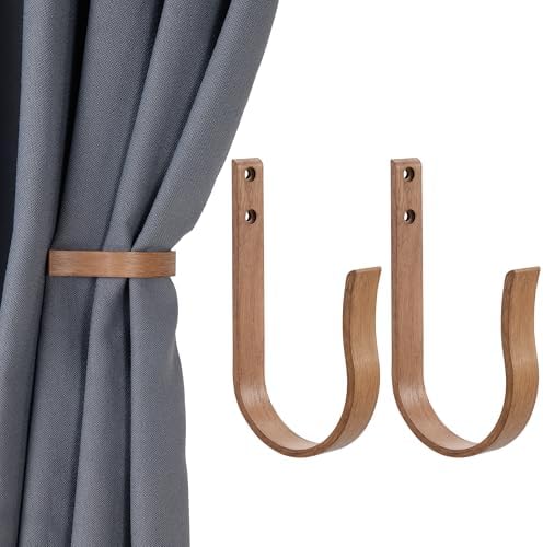 Light Brown Wood Grain Curtain Holdbacks,Solid Aluminum Wall Mounted Curtain Tiebacks & Hooks,U Shape Curtain Holders,Elegant Curtain Pull Backs for Drapes, Curtains(2 Pack) - Image 2
