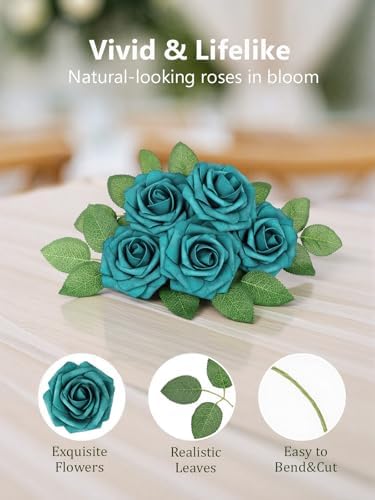 Artificial Flowers Real Touch Fake Rose with Stem Decor,25Pcs-Peacock Green - Image 7