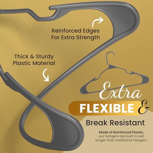 Our Modern Space 50 Pack Adult Plastic Hanger for Shirt Pants Coats Dresses Skirts Suits Jackets - Standard Thick Coat Hanger - Sturdy & Durable Design with Shoulder Grooves Hook - Grey - Image 3