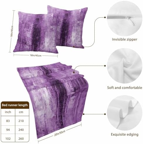 Bed Runner for King Size Bed, Purple Decorative Beds Runners and 2 Matching Pillow Covers Set, Retro Oil Painting Modern Abstract Art Aesthetics Beds Scarf Throw for Foot of Bedding Set for Hotel - Image 3