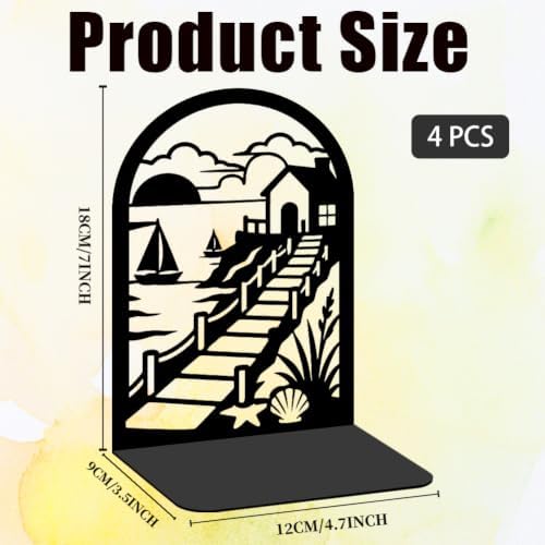 2 Pairs Seaside Landscape Black Metal Bookends for Shelves - Image 2