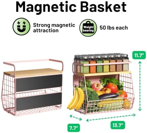 Magnetic Shelf for Fridge with Wood Lid, Fruit Potato and Onion Storage Bins, Pantry Organizers & Storage, Large Container Magnetic Spice Rack for Refrigerator, Kitchen Counter, Cabinet (Pink, 1) - Image 5