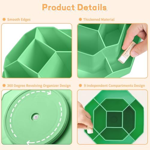Pencil Pen Holder for Desk,9 Slots 360 Degree Rotating Desk Organizers,Desktop Storage Stationery Supplies Organizer, Cute Pencil Cup Pot For Office, School, Home(Green) - Image 5