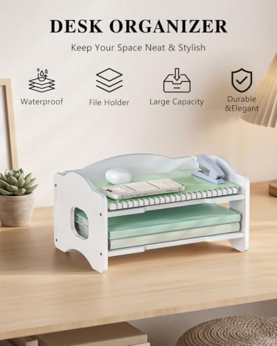 WALI Desk File Organizer, 2 Tier Stackable Desktop Paper Letter Tray Organizer with Handle, Office Desk Accessories & Workspace Organizers for Office, Home, School Supplies, 1 Pack, White - Image 3