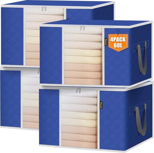 BALEINE 4 Pack Clothes Storage Bags, 16 Gallon Storage Containers with Reinforced Handle, Sturdy Zipper, Closet Organizer for Blanket, Comforter, Pillow, Bedding (Blue, 4 Pack) by BALEINE