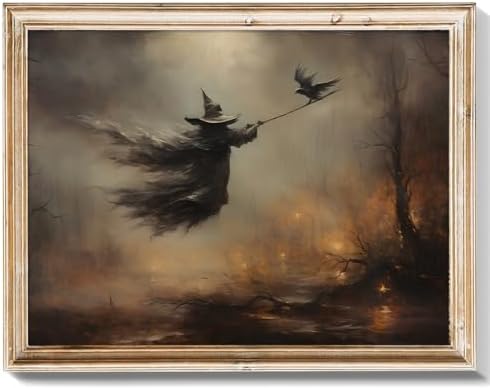 RETRART Vintage Witchy Wall Decor Moody Dark Gothic Posters Halloween Vintage Room Decor Aesthetic, Halloween Wall Art Witch Holding Magic Wand Crow, Vintage Rustic Wall Decor 11x14 inches -Unframed by Home
