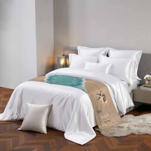 Coastal Ocean Starfish and Shell Sand Bed Runner for Bedroom Hotel - Decorative Bedding Scarf 'The Beach Is My Happy Place' - End Blanket Runner for California King Size, 102x20in - Image 2