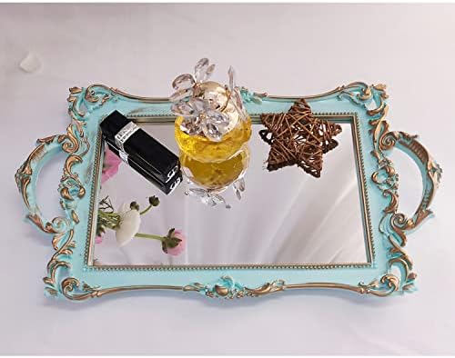Small Rectangle Decorative Mirror Tray, French Style, Makeup Organizer, Jewelry Organizer, Serving Tray, 13"x 7.8", Golden Blue by Yamfurga