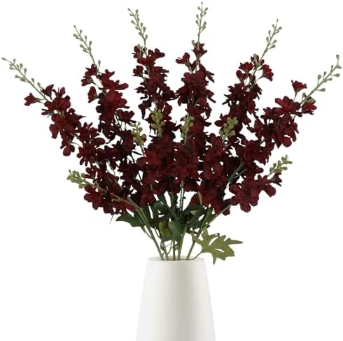 6PCS Burgundy Delphinium Artificial Flowers, 34.25" Long Stems Burgundy Flowers Artificial Larkspur for Tall Vase Faux Delphinium Flower Centerpieces for Tables Wedding Home Decor by INSUNSIXartificialflowers