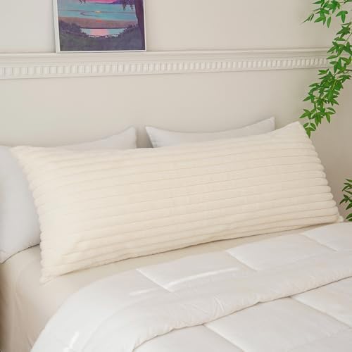 Full Body Pillow with Fluffy Stripe Faux Fur Removable Cover, Long Bed Pillow Adult 20x54 Inches for Side Sleeper and Pregnancy, Beige. - Image 4
