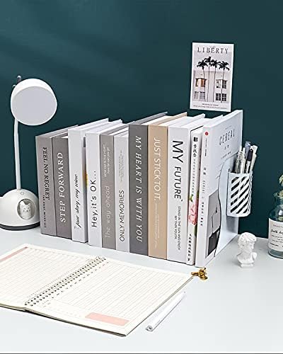 MSDADA Adjustable Bookends, Metal Book Ends for Heavy Books, Expandable Book Organizer with Pen Holder for Desk, Shelf, Office, The First Day of School Stationery Gift for Students,Teachers (White) - Image 4