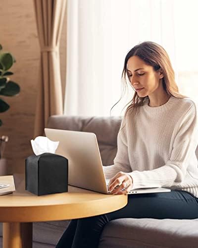 Leather Tissue Box Cover Square – Tissue Holder with Bottom Belt [JESMINI, Black] Aesthetic PU Leather Tissue Box Holder Decorative for Bathroom, Home Office Decor - Image 2