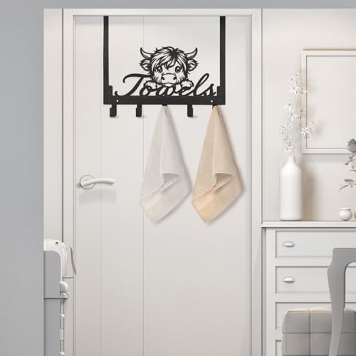 Kathfly Highland Cow Over Door Towel Rack 5 Hooks Black - Image 5