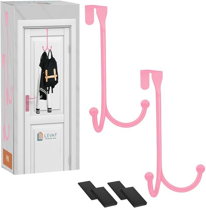 2-Pack Over The Door Hooks - with 2 Hang Heads & Snug Fit Pads Heavy Duty Hook for Hanging Coats, Towels, Caps & Robes - Elegant Matt Finish - No Drill Hanger Organizer - Pink by LEVAF-ForTheFinalTouch