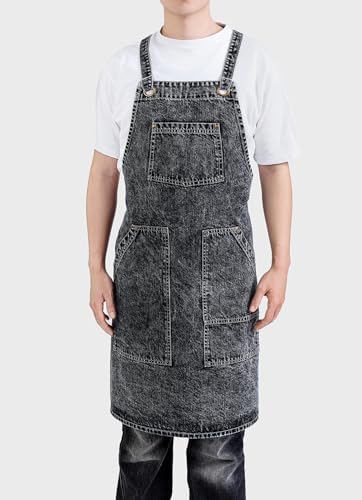 Cotton Denim Apron Soft - Unisex Adjustable Bib Apron with 5-Pockets Perfect for Kitchens - Image 2