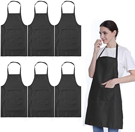 Total 6PCS Black Apron for Wowen Adult Unisex with 2 Pockets-Chef Cooking Baking Kitchen Restaurant Crafting Painting Party Aprons by LOYHUANG