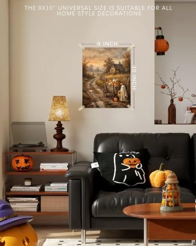 Vodefoad Vintage Halloween Ghost and Pumpkins Wall Prints, Rustic Autumn Landscape Canvas Paintings, Halloween Pumpkins Cart with Cute Ghost Picture, Halloween Gothic Dark Academia Spooky Fall Decor for Kitchen, Gallery, Bathroom Wall decor - 8x10Inch ... - Image 4
