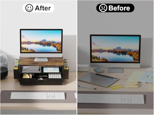 gianotter Desk Organizers and Accessories, Monitor Stand with Drawer and 2 Pen Holder, Desktop Organizer Suitable for Offices and Dormitories (Wood) - Image 6