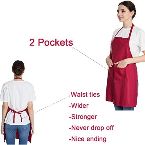 Total 6PCS Deep Red Bib Apron for Women Adult Unisex Durable Comfortable with 2 Front Pockets Washable Chef Aprons for Cooking Baking Kitchen Restaurant Crafting Painting. - Image 3